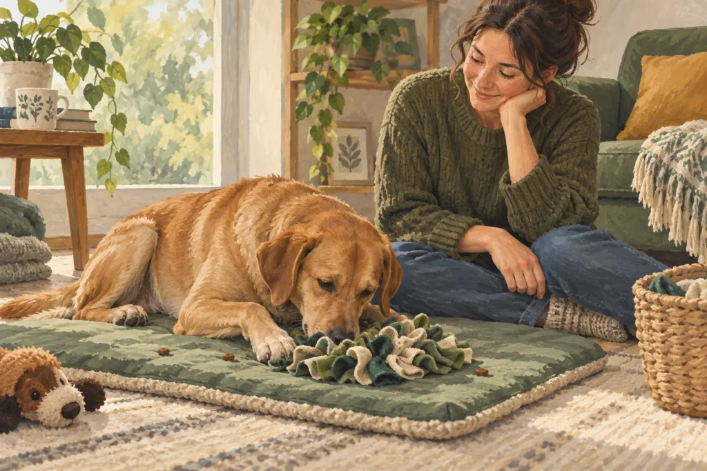 Illustration: A resting dog on a comfortable mat doing a very simple supervised food-search activity within easy reach, with its adult owner seated beside it.