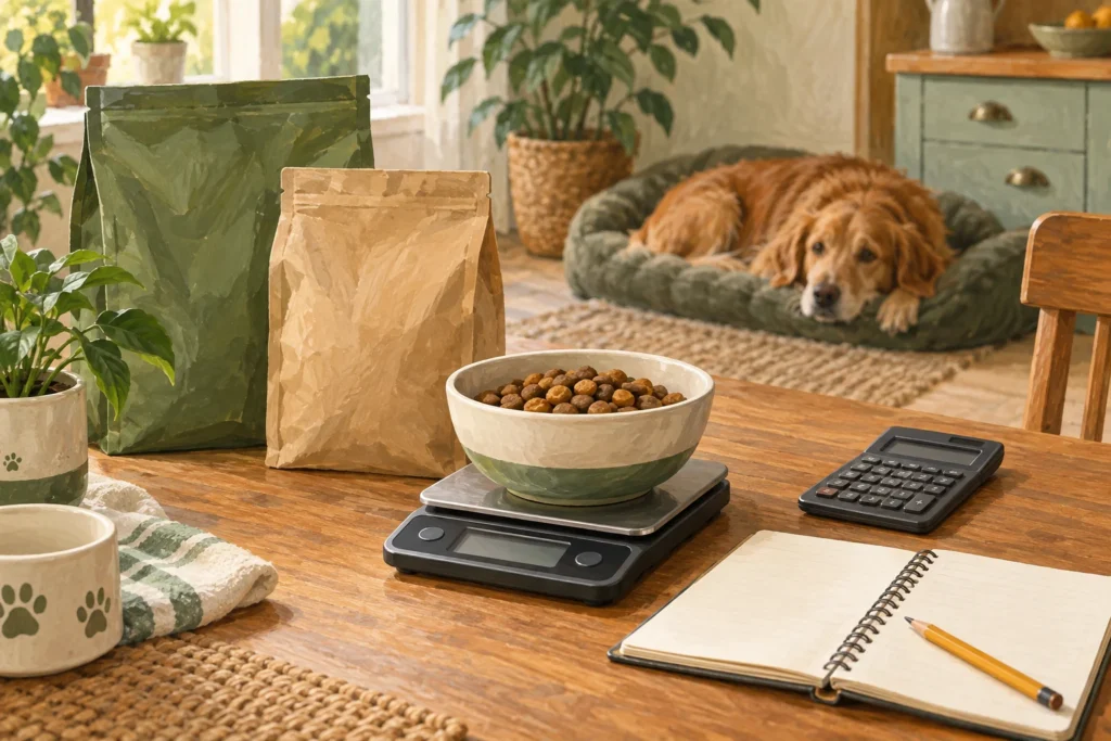 Illustration of dog food, kitchen scales and a notebook for comparing daily feeding costs.