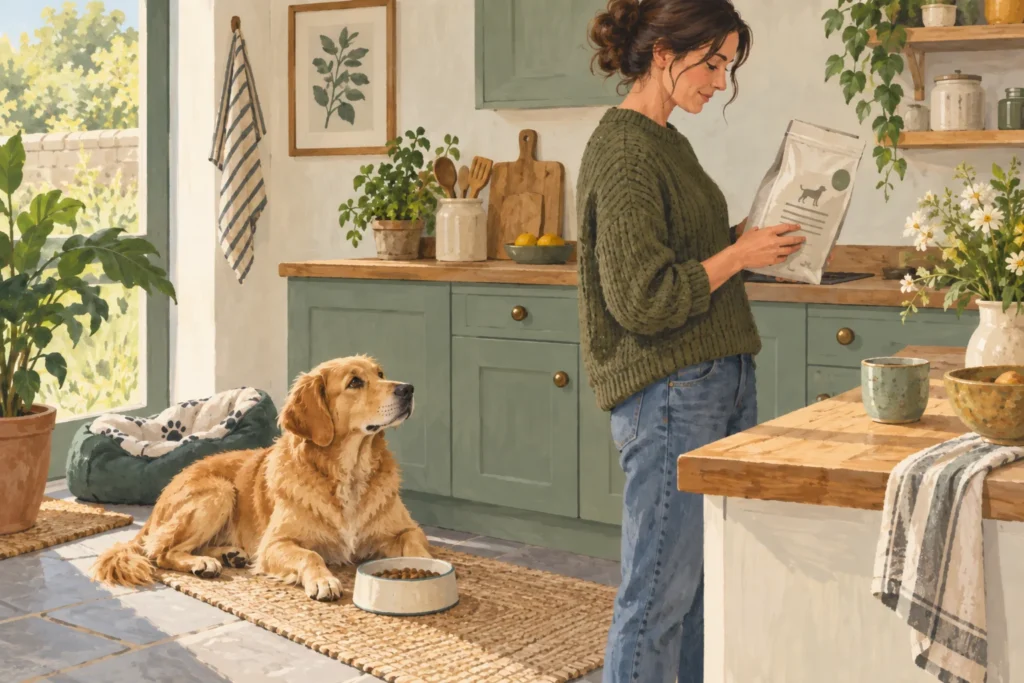 Illustration of an owner reading a dog-food label while her dog rests nearby.