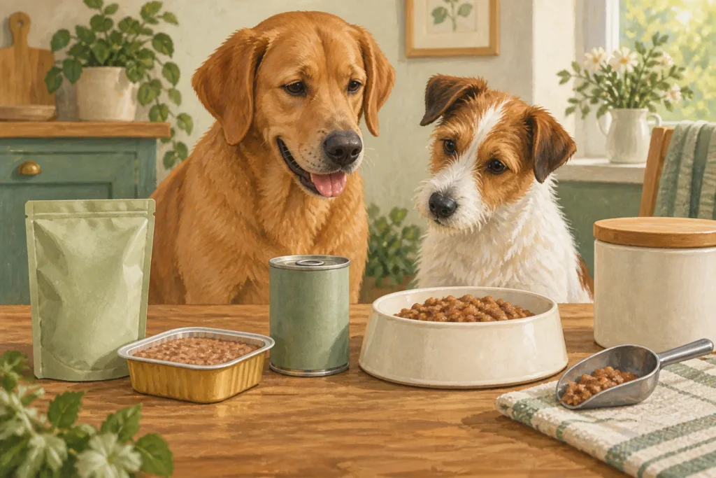 Illustration: A practical wet-dog-food packaging comparison: plain unbranded pouches, rectangular trays and tins arranged beside a clean bowl, scoop and covered storage container.