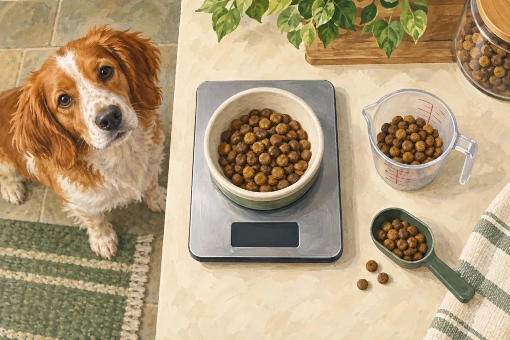 Illustration: A digital kitchen scale supporting a modest bowl of kibble beside a separate measuring cup and food scoop.