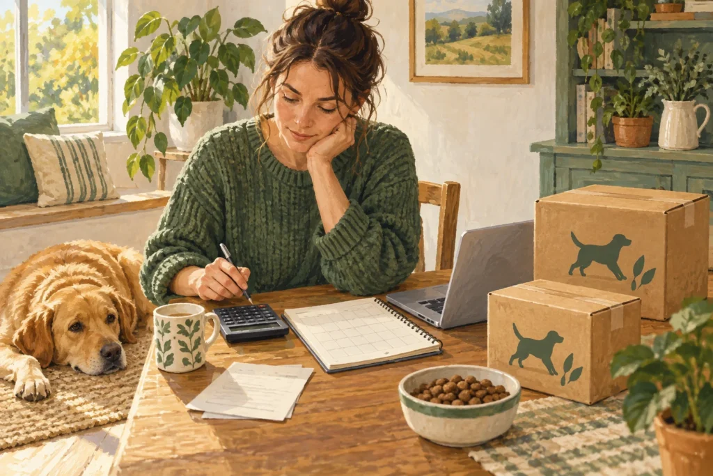 Illustration: An adult reviewing dog-food subscription costs at a table with a blank calendar, calculator and two plain recurring-delivery boxes while a dog rests nearby.