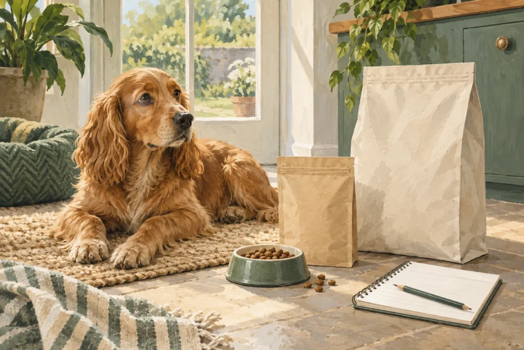 Illustration: A small plain dog-food trial bag and a modest sample portion beside a larger sealed plain bag and a blank observation notebook.