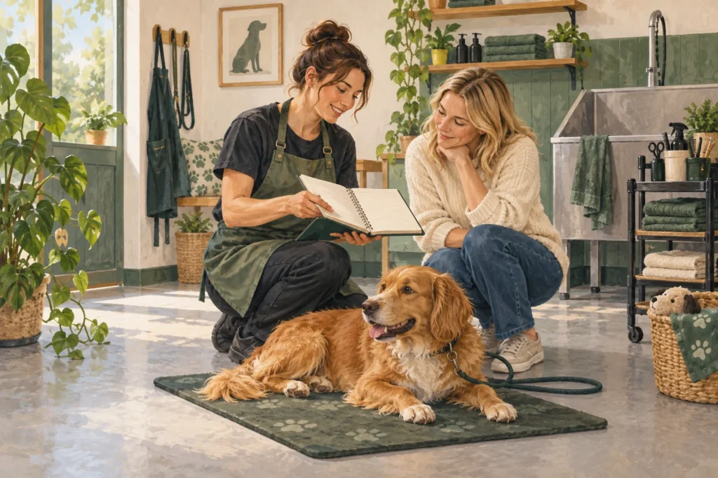 Illustration: A groomer and dog owner discussing a blank appointment notebook in a tidy salon while the dog rests calmly on a nonslip floor mat.
