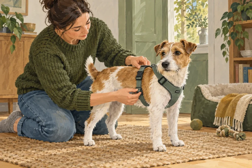 Illustration: An owner gently checking the side straps of a comfortable generic harness on a standing terrier in a quiet room.