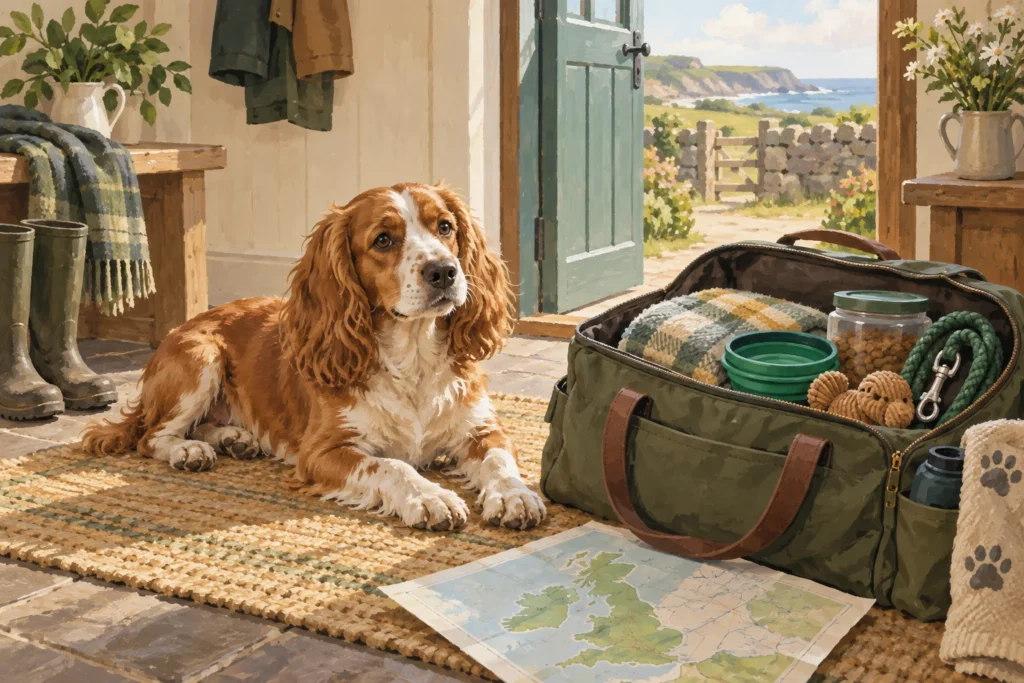 Illustration: A dog resting beside an open travel bag containing a folded blanket, collapsible bowl, food container and walking lead in a modest holiday cottage entrance.