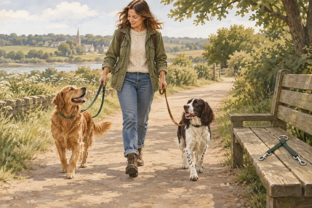 Illustration: Two calm dogs and their owner on a broad quiet path, with a pair of separate loose leads clearly manageable; a generic lead coupler lies separately on a nearby bench as an alternative.