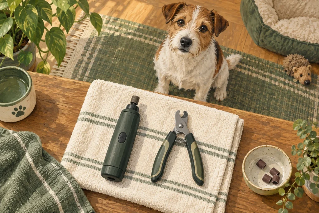 Illustration: An overhead comparison of a generic dog nail grinder and dog nail clippers on a folded towel, with a small calm dog sitting behind the work surface.