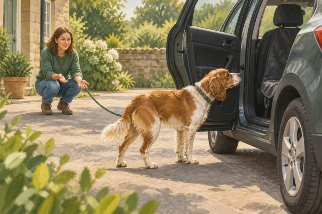 Illustration: A calm dog on a loose lead investigating the area beside an open door of a parked car, with its owner offering quiet encouragement several steps away.