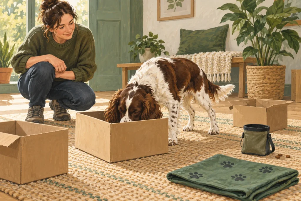 Illustration: A beginner dog scentwork setup of a few open cardboard boxes, a plain treat pouch and a folded mat, with a calm dog sniffing under nearby adult supervision.