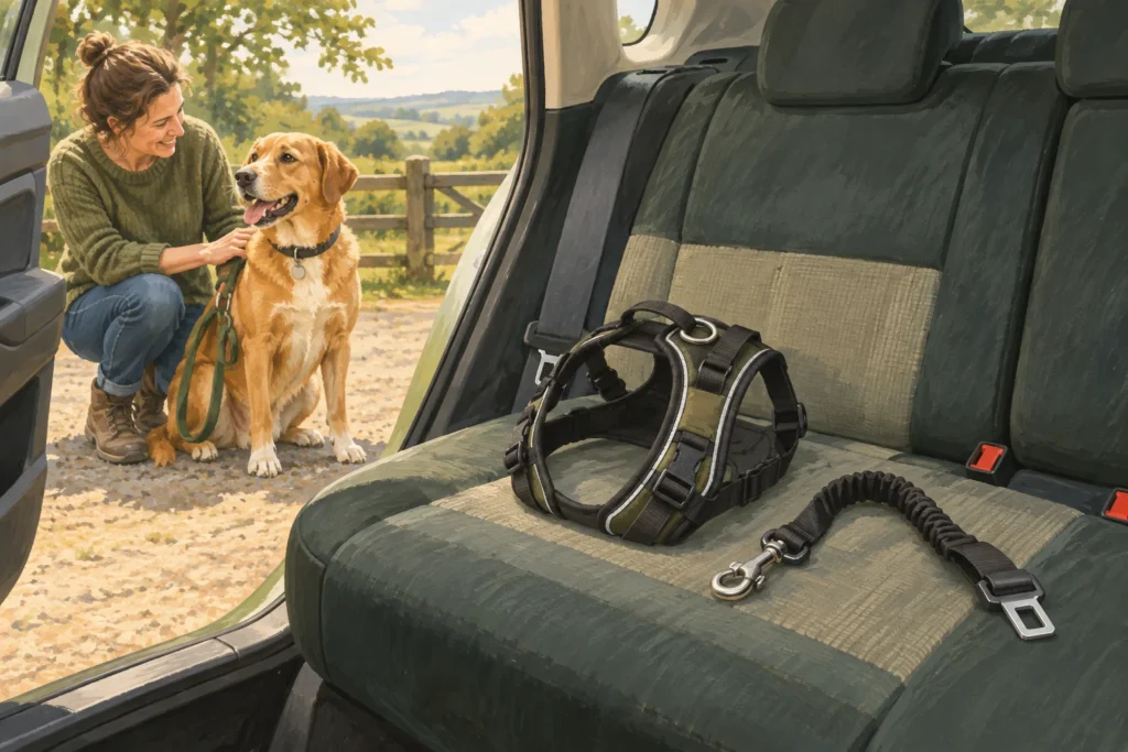 Illustration: A generic car body harness and separate short seat-belt tether laid clearly apart on the rear seat of a stationary car, with the dog safely outside beside its owner.