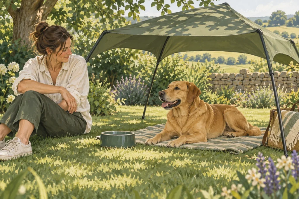 Illustration: A calm dog resting beneath a low open-sided shade canopy in a cool shaded garden, with fresh water and an owner nearby.