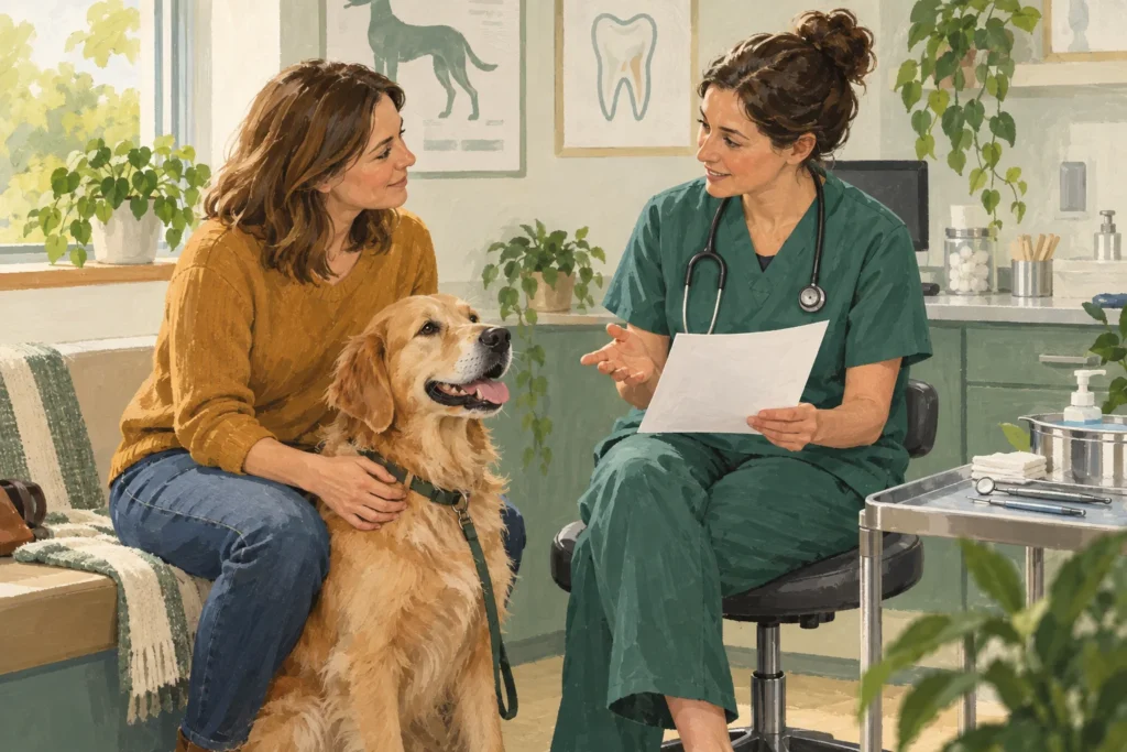 Illustration: A friendly veterinary consultation room with an adult owner and relaxed dog beside a seated veterinary professional discussing a blank estimate sheet.