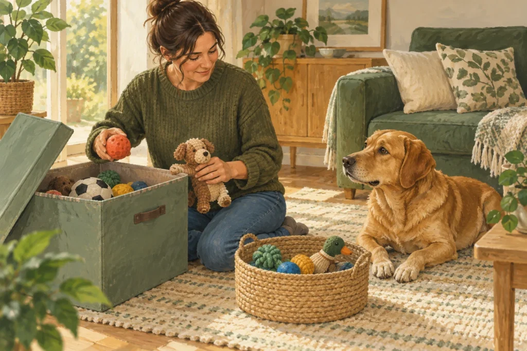 Illustration: An adult selecting a few intact dog toys from a covered storage box while a calm dog waits near an open basket holding today's small selection.
