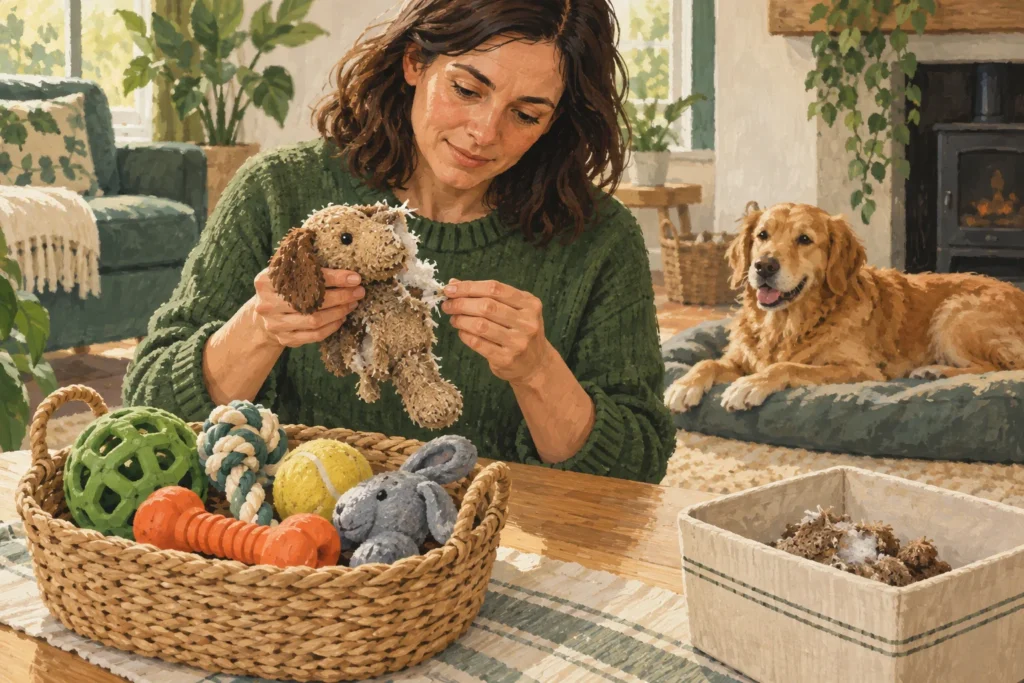 Illustration: An adult inspecting a worn dog toy over a table while intact appropriately sized toys sit in a separate basket and the dog rests safely nearby.