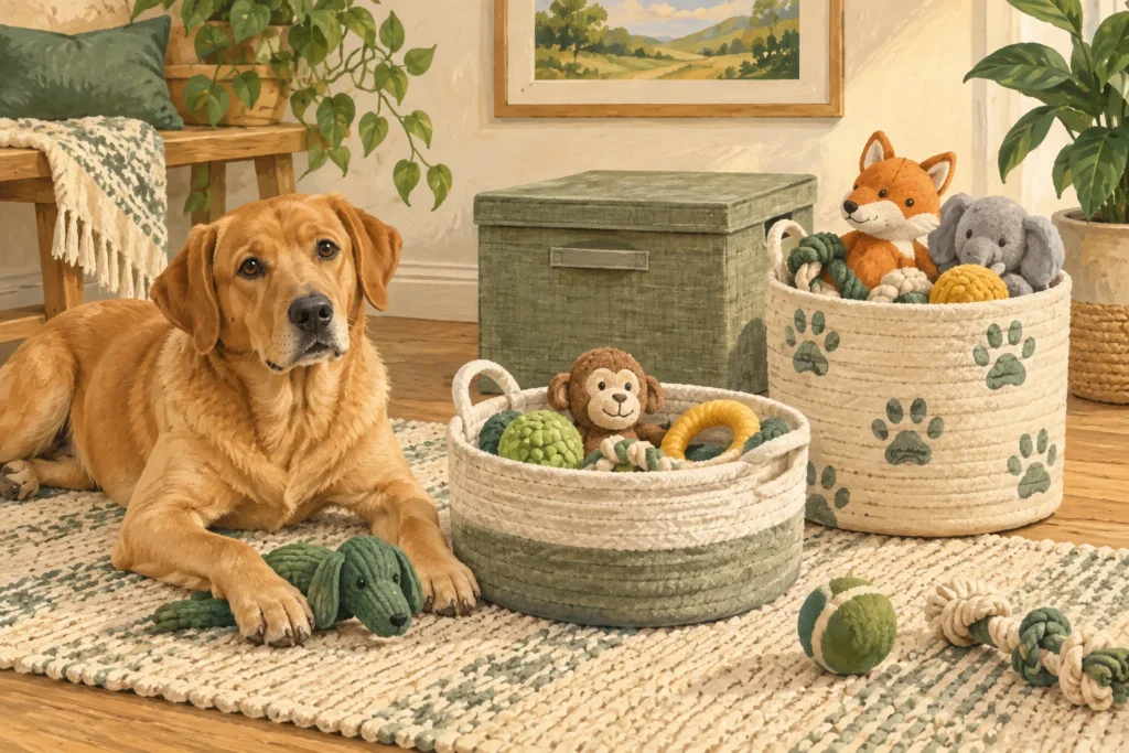 Illustration: A tidy selection of washable dog-toy storage baskets and a lidded box, one low open basket within easy reach of a calm dog.