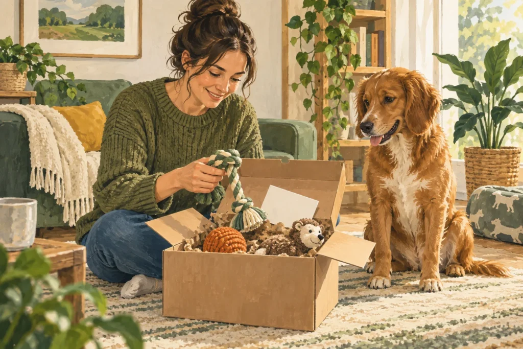 Illustration: An adult opening a plain dog-toy subscription box containing just a few suitable intact toys while their calm dog sits nearby.