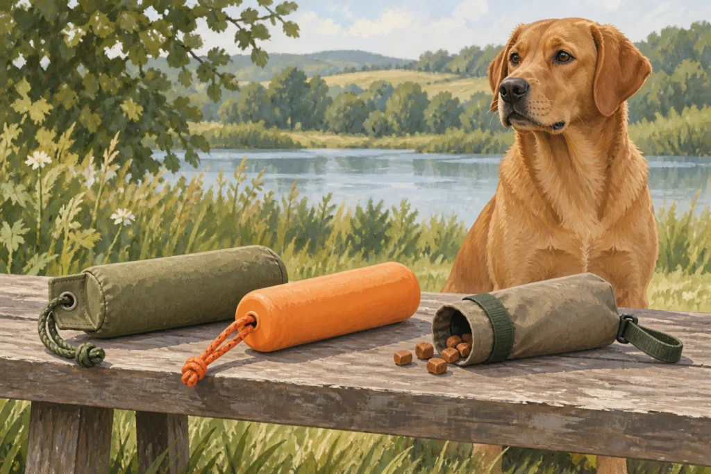 Illustration: Three generic dog-training retrieve dummies displayed on a bench: a soft canvas cylinder, a light floating style and a fabric food-pouch style.