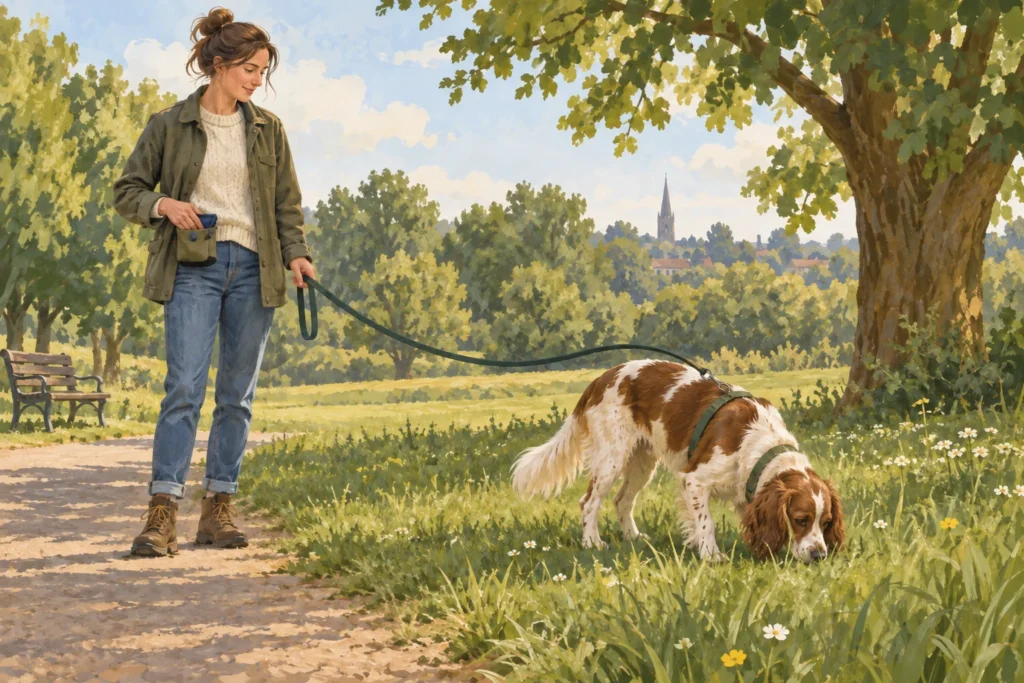 Illustration of an owner giving a spaniel time to sniff beside a path on a loose lead attached to its harness.