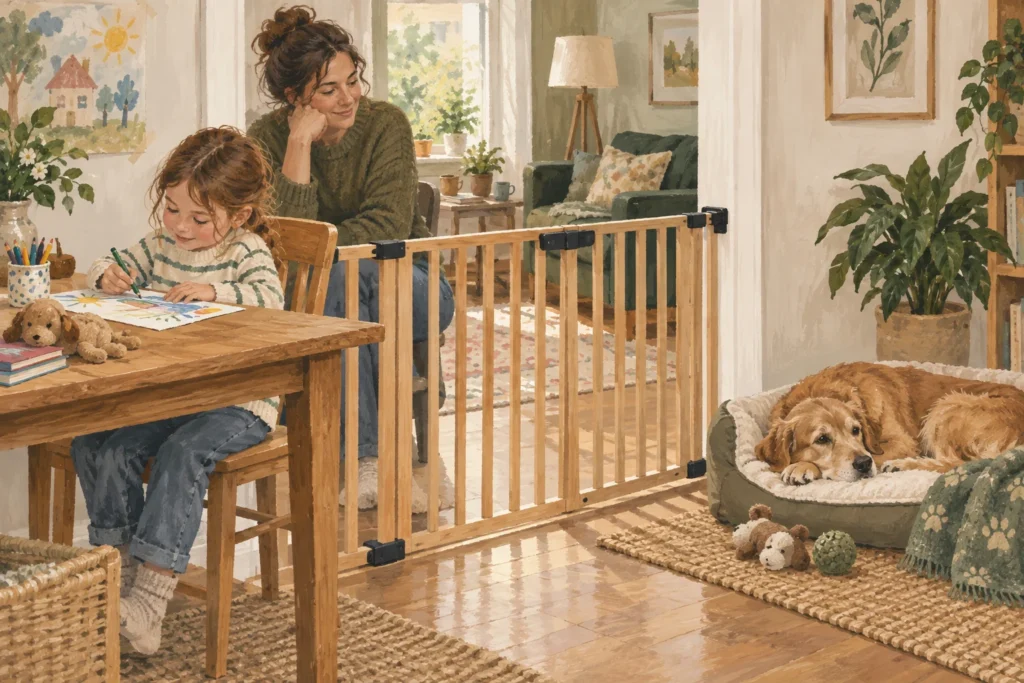 Illustration: A calm family home with a child drawing at a table on one side of a sturdy safety gate, and a dog resting undisturbed in its bed on the other, with an adult supervising both.
