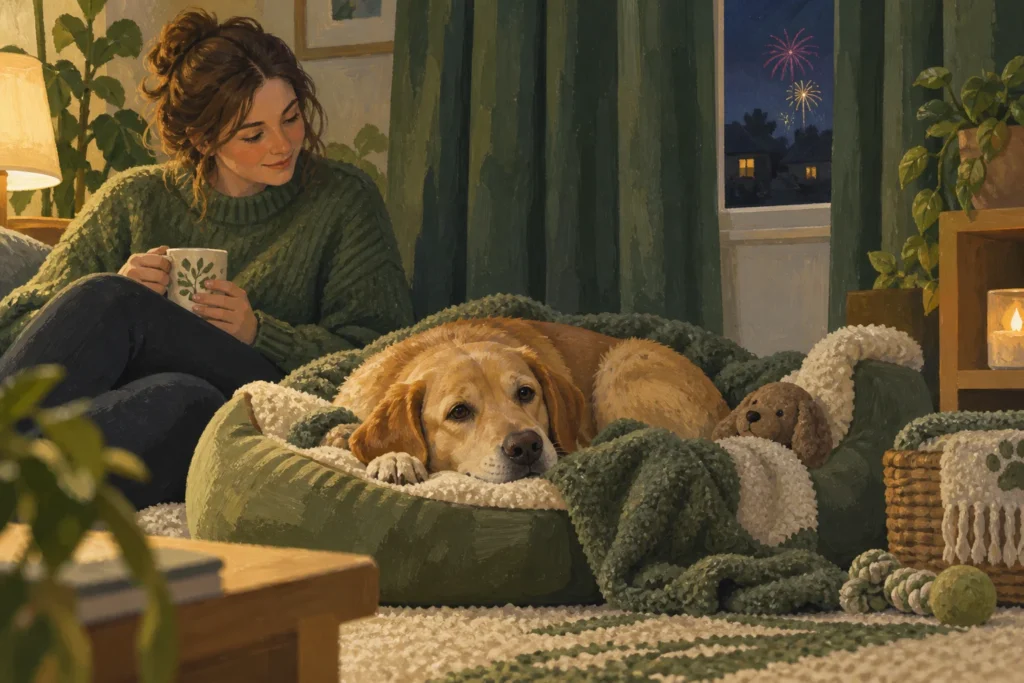 Illustration: A relaxed dog in a comfortable indoor den with curtains closed and an owner nearby, while very small distant firework colours appear beyond a far window.