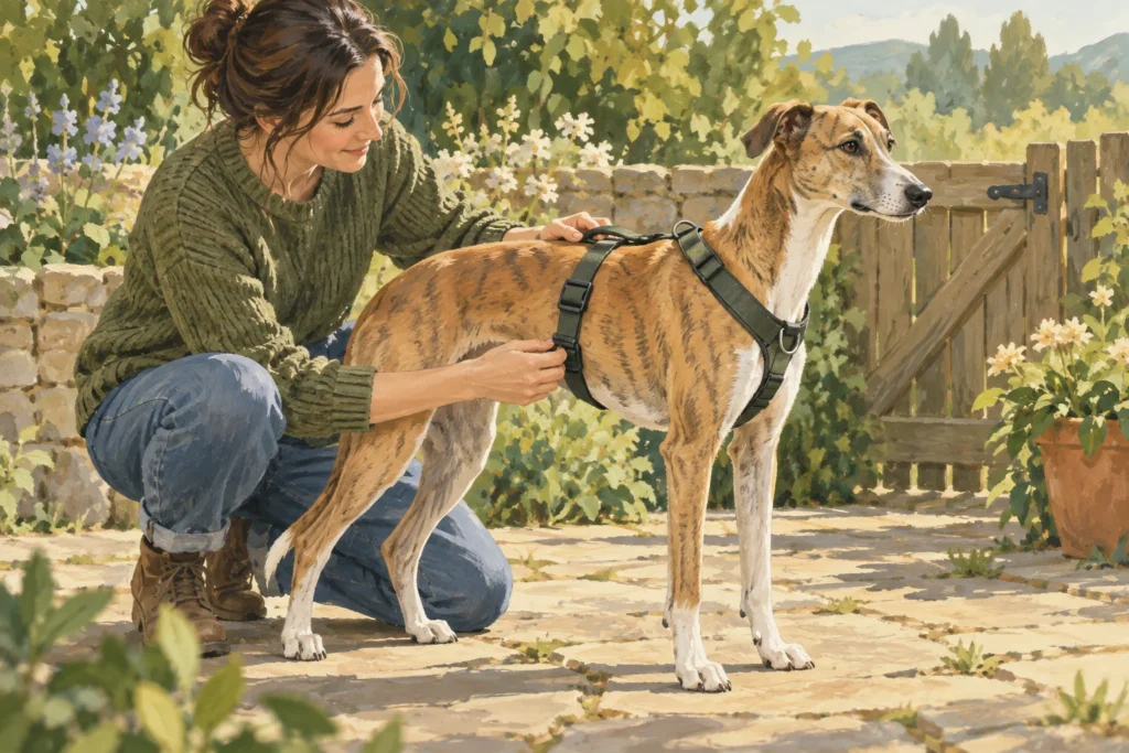 Illustration of an owner checking a walking harness on a calm sighthound.