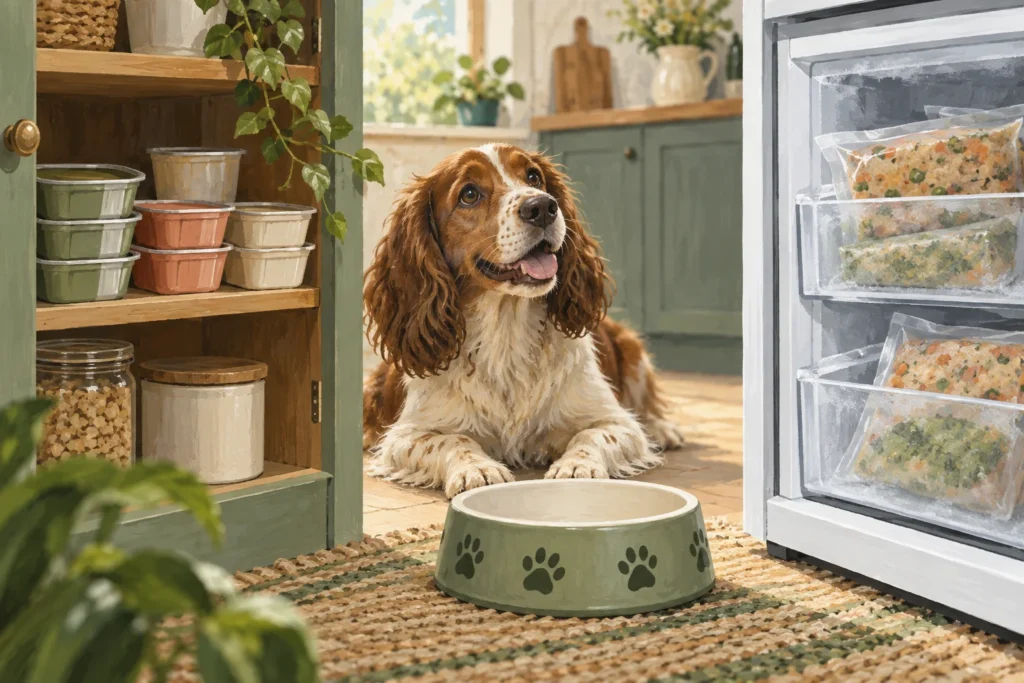 Illustration: A cupboard shelf with plain sealed wet-food trays on one side and a freezer drawer with plain cooked-food packs on the other, joined by a clean dog bowl in the foreground.