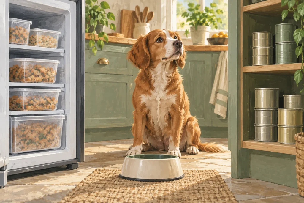 Illustration: A practical kitchen comparison of plain frozen cooked-food packs beside a freezer and sealed shelf-stable wet-food tins in a cupboard, with a clean dog bowl between them.