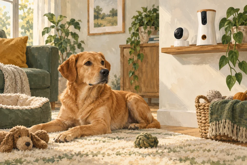 Illustration: A calm dog at home with two generic indoor monitoring devices on a high shelf: a simple small camera and a taller treat-dispensing camera.