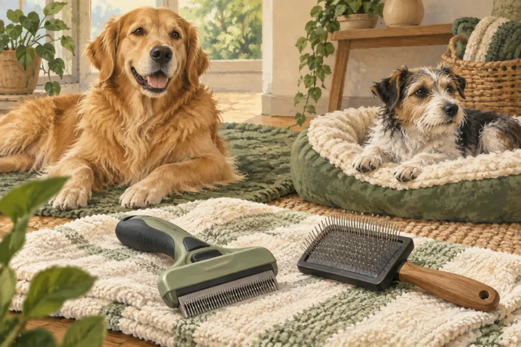Illustration: Two generic grooming tools on a towel: a simple undercoat-removal tool and a fine-pin slicker brush, with different-coated calm dogs resting separately behind.