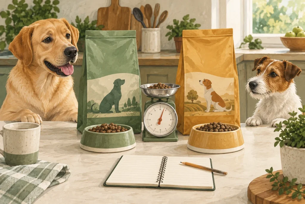 Illustration: Two plain dry-dog-food bags beside matched bowls and a kitchen scale on a clear counter, with a blank comparison notebook.