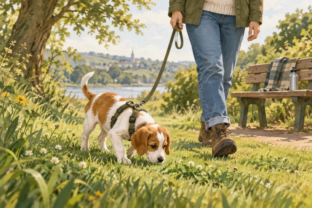Illustration: A puppy enjoying a short gentle sniffing walk on soft grass beside its adult owner, with a quiet bench and rest area nearby.