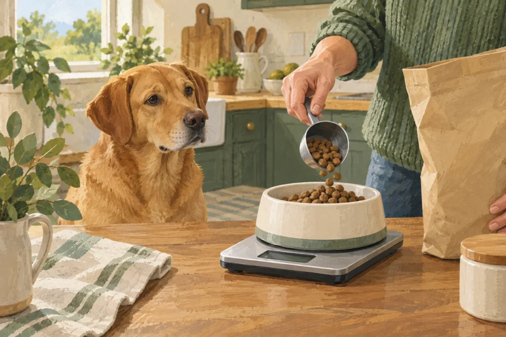 Illustration: An owner's hand measuring a modest amount of kibble into a bowl on kitchen scales while their adult dog waits calmly nearby.