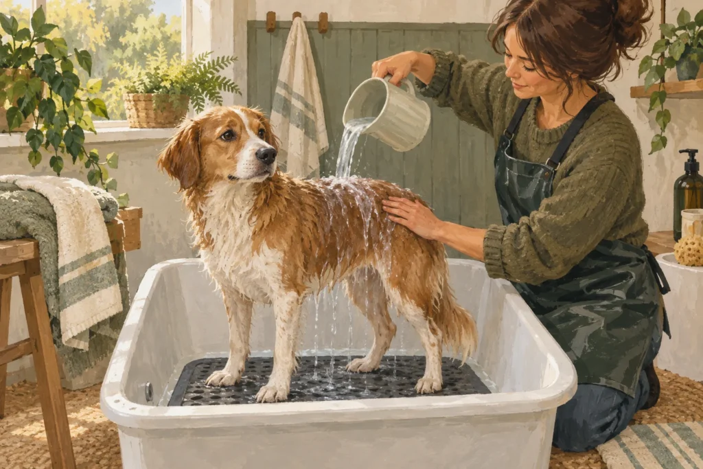 Illustration: A relaxed medium dog standing on a nonslip mat in a low home dog-washing tub while an adult gently pours lukewarm water over its back from a jug.