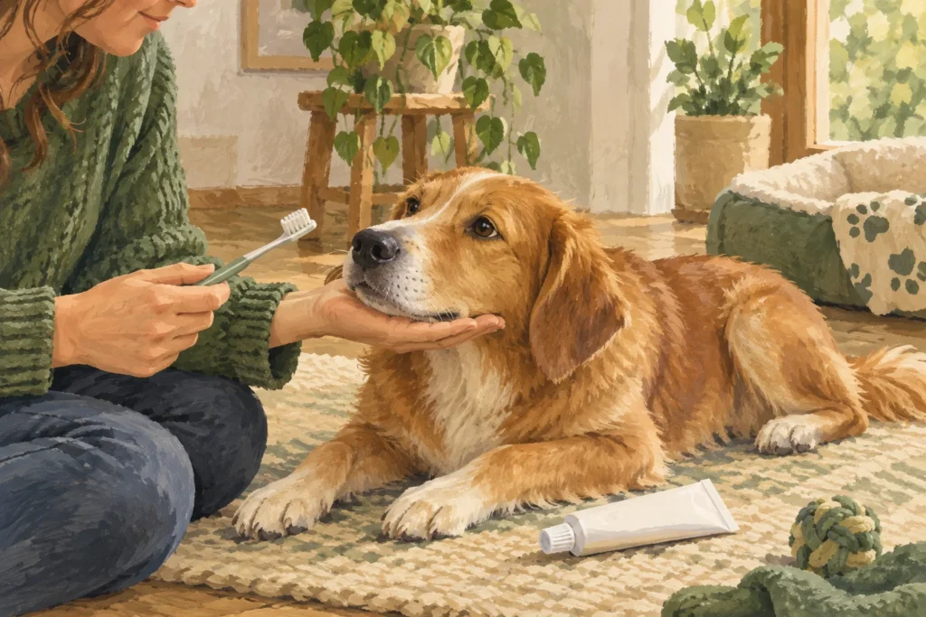 Illustration of a calm dog resting its chin on an owner’s hand near a dog toothbrush.