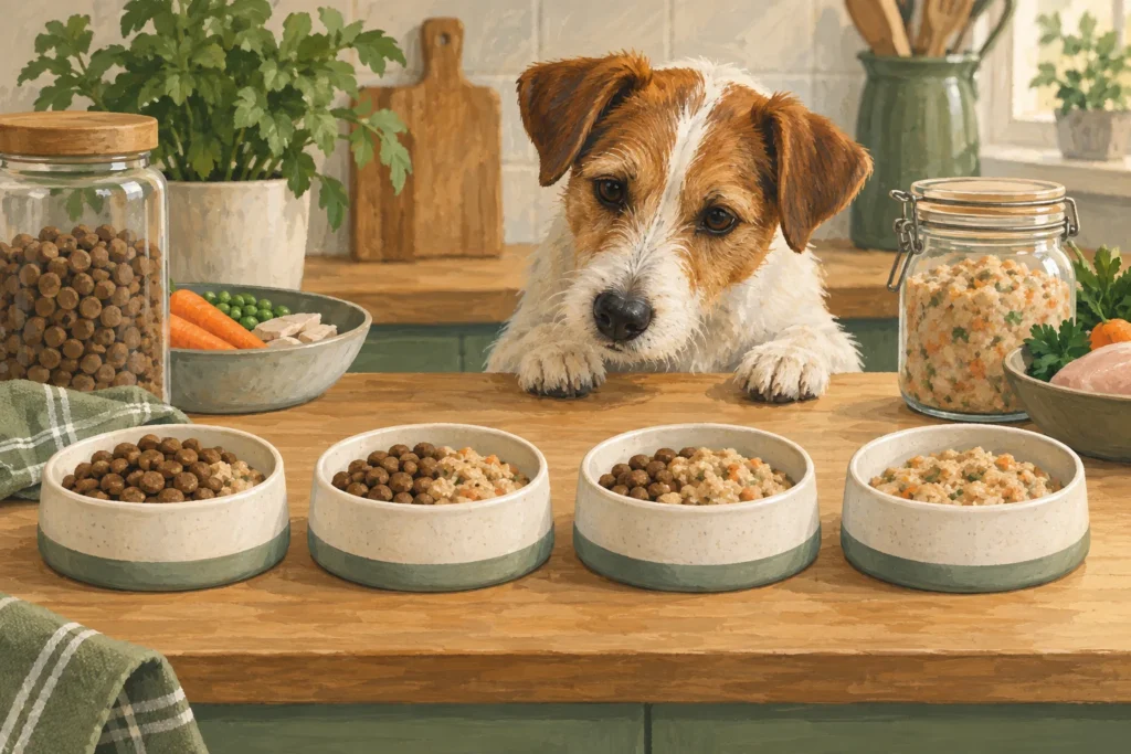 Illustration: Four small matched bowls showing a gradual visual change from mostly one dog-food texture to mostly another, with plain ingredient containers behind them.