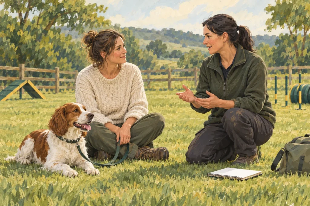 Illustration: An adult dog owner and a friendly trainer talking on a quiet open training field while the dog rests calmly beside them on a loose lead.