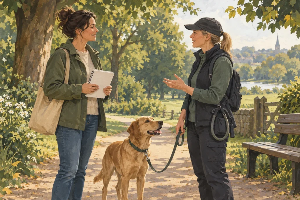 Illustration: An adult dog owner talking with a prospective walker on a quiet park path, a calm dog beside them on a loose lead, and a blank care notebook in hand.