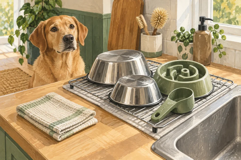 Illustration: Clean stainless dog bowls, a simple slow feeder and a scoop drying on a rack beside a sink.