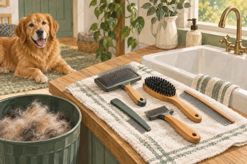 Illustration: Clean dog brushes and combs drying on a towel next to a wash basin, with loose removed hair gathered separately in a bin.