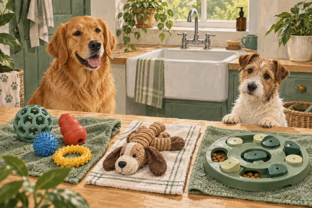 Illustration: Clean rubber enrichment toys, a simple fabric toy and a broad food puzzle drying separately on towels beside a utility sink.