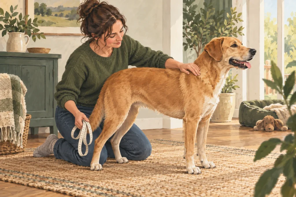 Illustration of an owner preparing to measure a calm dog, holding a loose tape measure.