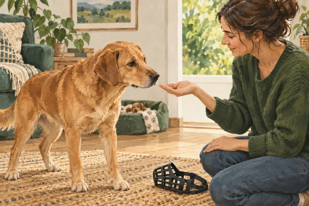 Illustration of an owner rewarding a dog while a basket muzzle rests nearby on the floor.