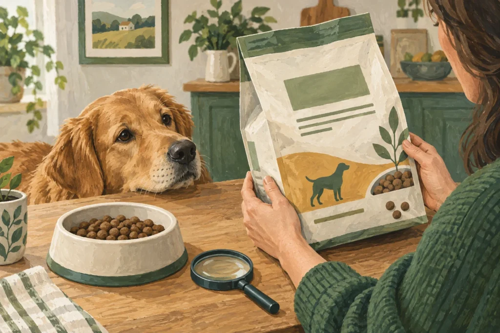 Illustration: An adult owner's hands examining a plain dog-food bag with abstract blank label panels beside a bowl of kibble and a magnifying glass.