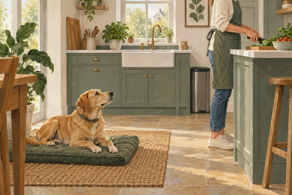 Illustration: A dog resting on a mat away from a clean kitchen counter while an adult prepares food out of reach.