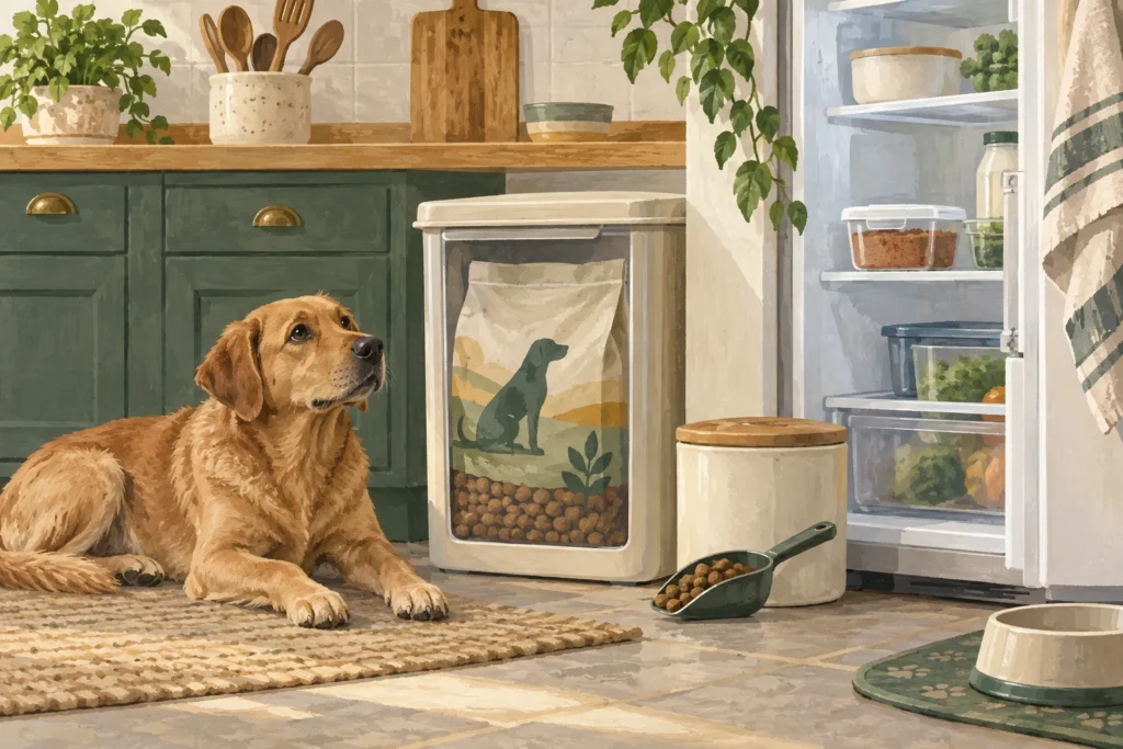 Illustration: A clean kitchen dog-food storage setup: a sealed original food bag inside a closed container, a small covered wet-food portion on a refrigerator shelf and a dry scoop kept separately.