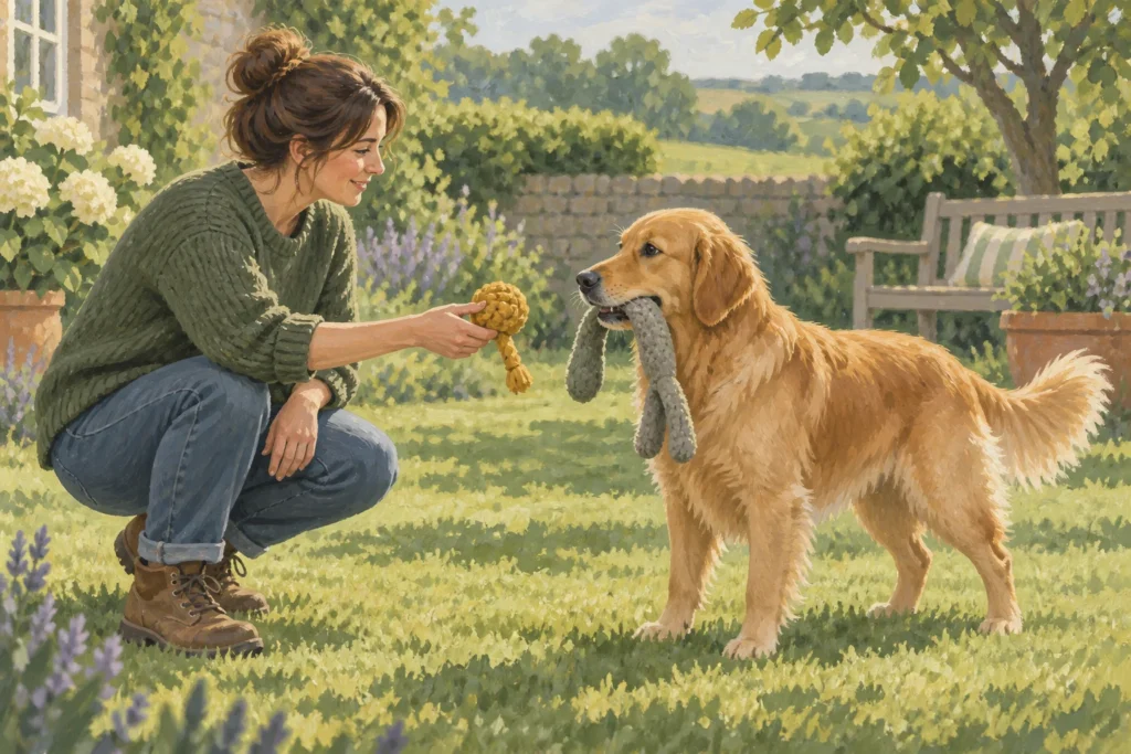 Illustration: An adult offering a second simple toy to a calm dog holding a soft tug toy loosely, in a quiet garden.