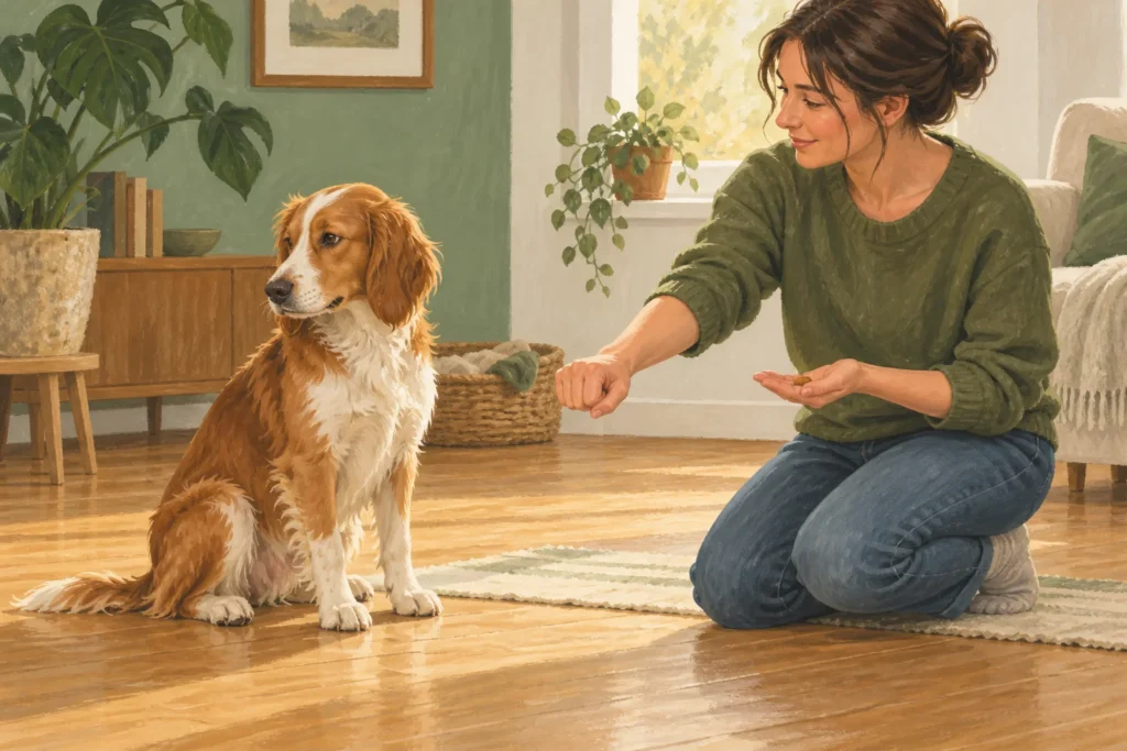 Illustration: An adult rewarding a calm dog for looking away from a closed hand, in a quiet room with a clear floor.