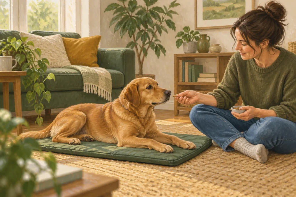 Illustration: A relaxed adult dog lying on a simple portable mat while its seated owner quietly offers a small reward, in a calm sitting room.