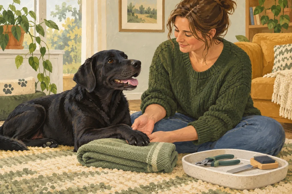 Illustration: A calm dark-coated dog voluntarily resting its paw on a folded towel while an adult sits beside it with nail tools switched off and safely set aside.